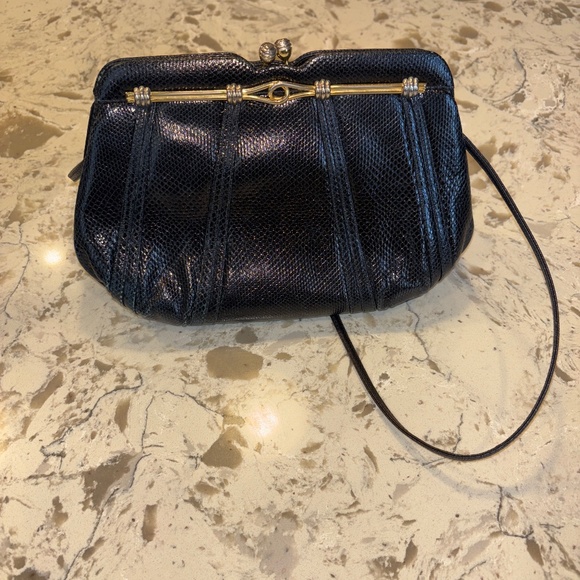 Vintage 80’s Judith Lieber Dark Navy Snakeskin Clutch Lock Clutch Crossbody - Picture 1 of 7
